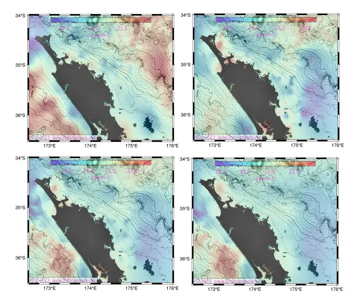 Figure 1: SST maps (Sea Surface Temperature in degrees Celcius) for the Northland region of the North Island of New Zealand for 29 January (top left), 30 January (top right), 31 January (bottom left) and 1 February 2023 (bottom right). Temperature is shown in color overlaid on bathymetry or depth contours. (Maps created by the author using Python, R, and GDAL).